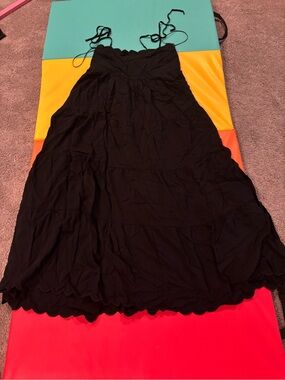 Black Tiered Maxi Skirt with Scalloped Hem